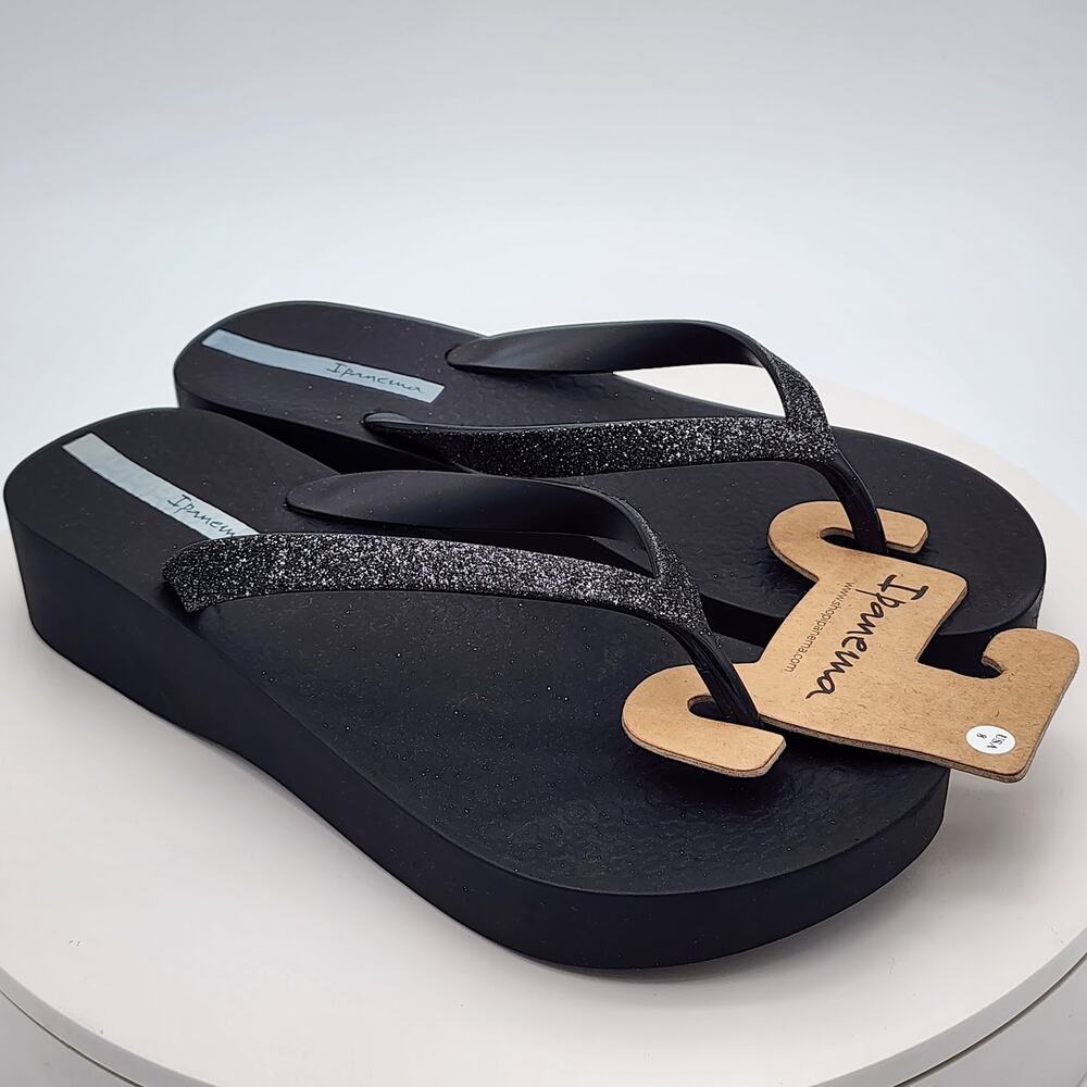 NEW - Ipanema Ipa Glitter Black Wedge Women’s Flip Flop Sandals Sparkle Size 8